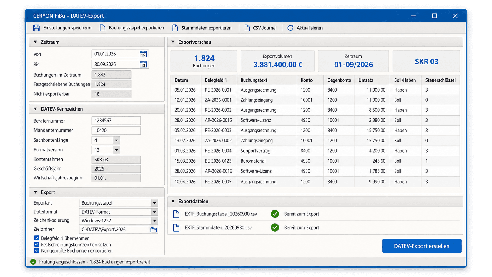 CERYON Finanzbuchhaltung — DATEV-Export von Buchungsstapel und Stammdaten